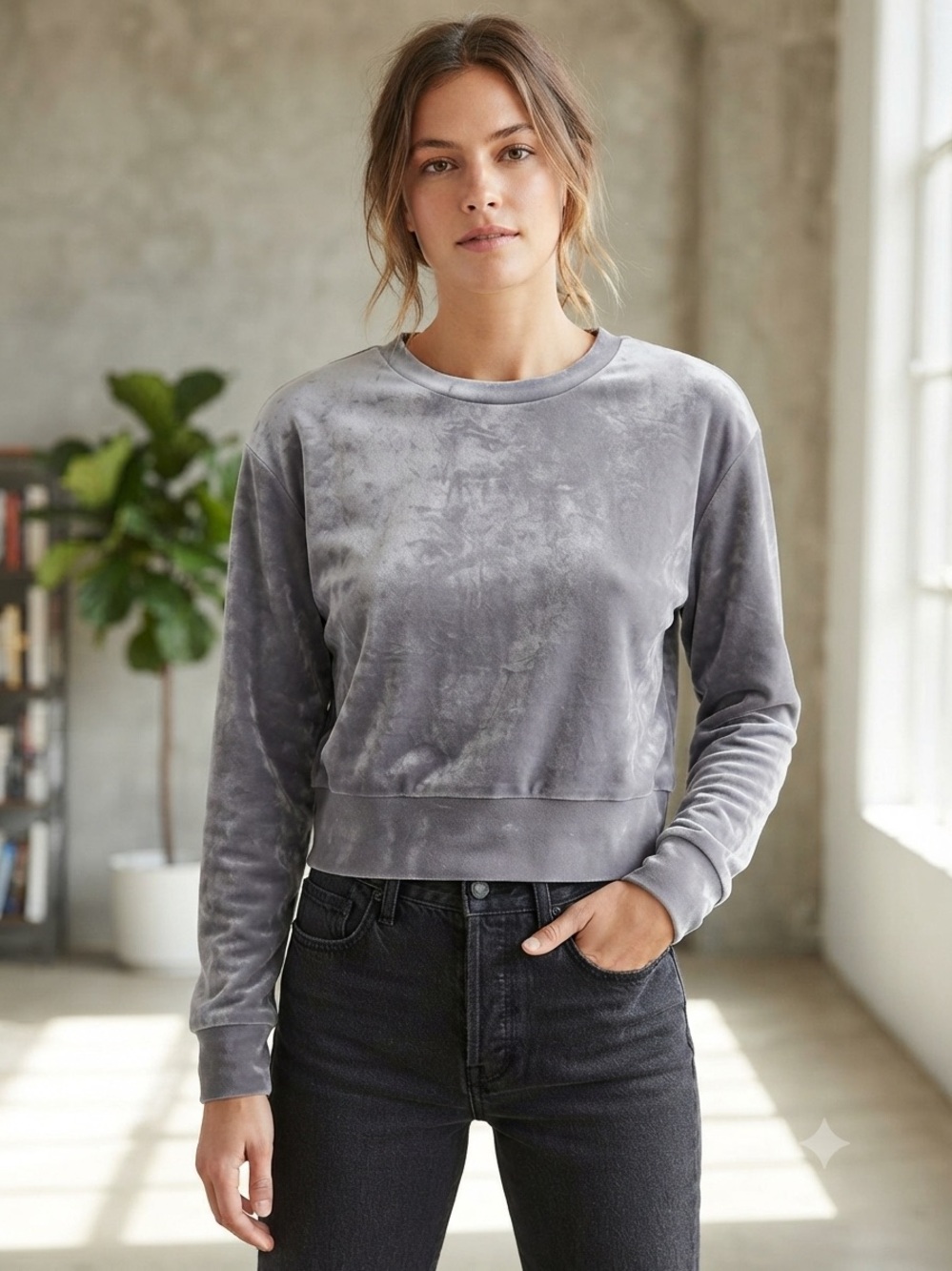 Express Plush Crewneck Sweater in Light Gray